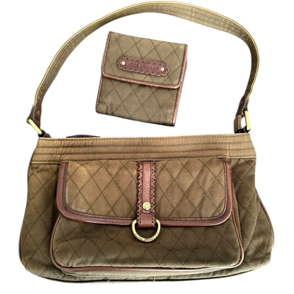 Vera Bradley Middleton Olive Khaki Quilted Shoulder Bag Satchel Set Rare Y2K